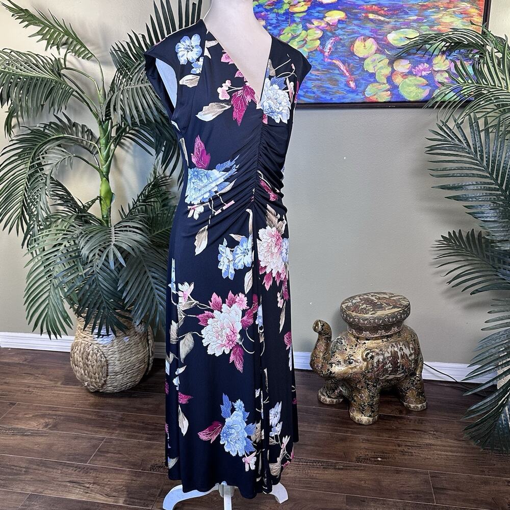 White House Black Market Women M Dresss Midi Stretch Lined Black Ruched Floral